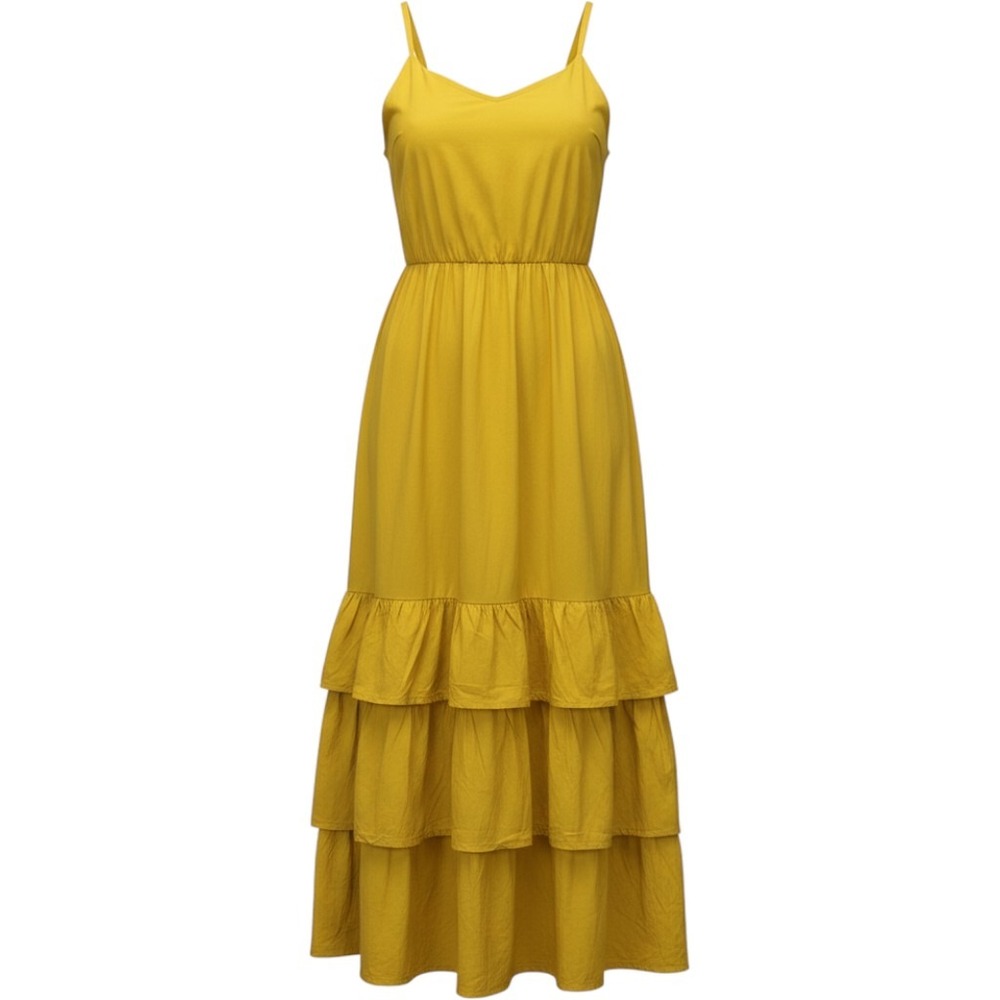 Tiered Maxi Dress Women L Yellow V-Neck Ruffle Spaghetti Strap Boho Twee